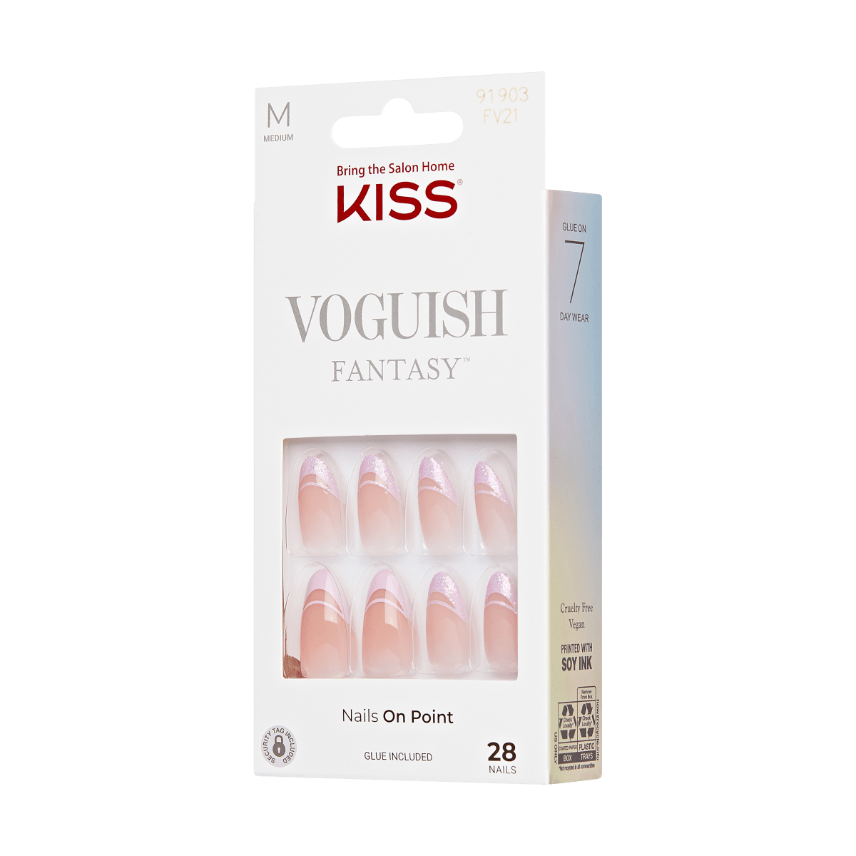 KISS Voguish Fantasy Uñas Punta Francesa Rosa Glitter Almond - Rainy Night